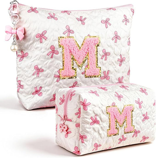Initial Makeup Bag, Christmas Gifts for Women Teens Girls Birthday Gift Personalized Bow Cosmetic Bag, Quilted Cosmetic Travel Toiletry Pouch, Cute Makeup Organizer Teen Girl Gifts Trendy Stuff, M