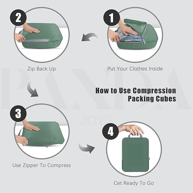 4 Set Compression Packing Cubes Travel - Travel Accessories Expandable Packing Organizers for Carry On - Essentials Luggage Bags - Green