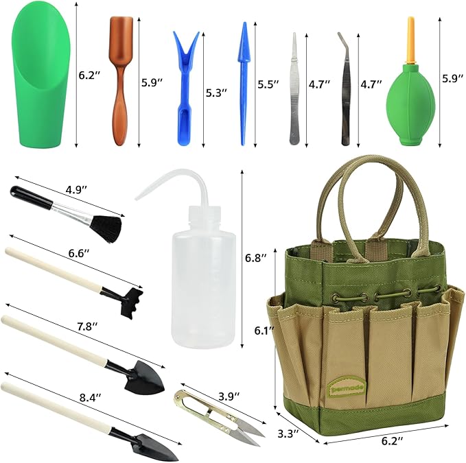 Succulent Tools Kit with Organizer Bag- 13Pcs Indoor Gardening Tools |Mini Succulent Hand Tools with Tote, Succulent Transplanting Supplies, Present for Gardeners Plant Care (Green)