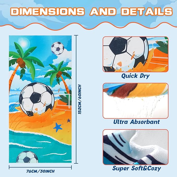 WERNNSAI Beach Towel for Kids, 30”x 60”Soccer Quick Dry Sand Free Kids Beach Towel for Boys Personalized Beach Towel Pool Camping Travel Towel Soft Beach Blanket Bath Shower Towel