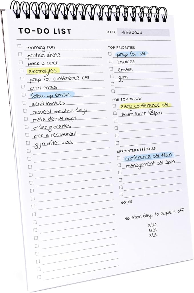 To Do List Notepad: With Multiple Functional Sections - 6.5 x 9.8" 60 Sheets - Spiral Daily Planner Notebook - Task CheckList Organizer Agenda Pad for Work - Note & Todo List Organization Notebooks