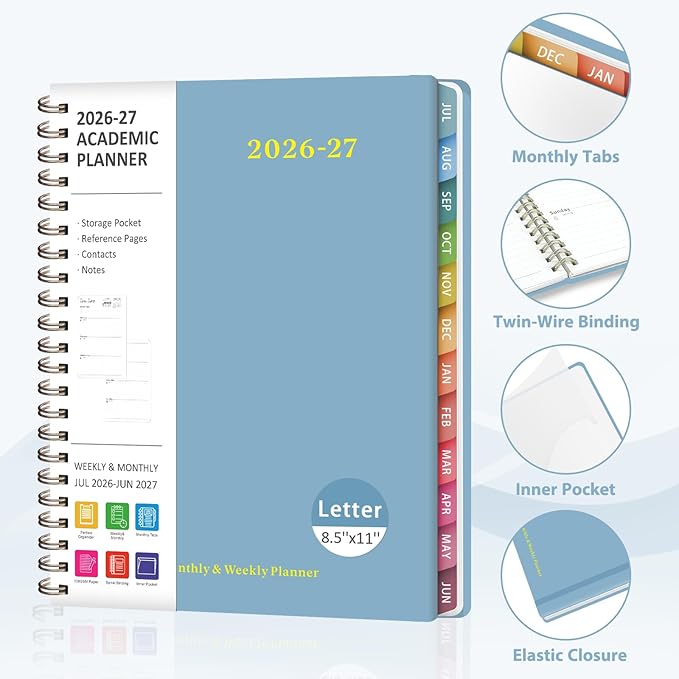 Planner 2026-2027, Weekly and Monthly Academic Year Calendar Planner, July 2026 - June 2027, Daily Agenda Book for Office School Supplies, Letter Size(8.5'' x 11'')