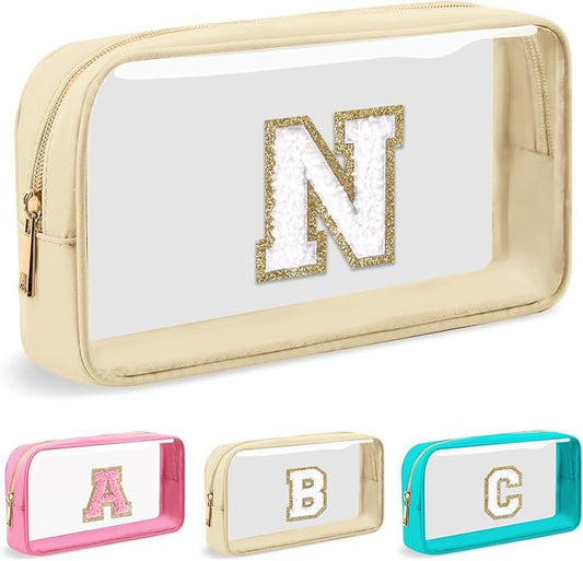 Personalized Initial Letter Clear Makeup Bag, Preppy Small Nylon & PVC Cosmetic Zipper Bag with Chenille Letter, Portable Beach Travel Skincare Toiletry Bag, Trendy Monogram Gift for Teen Girls Women, N