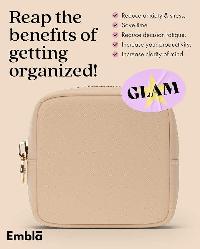 Embla Makeup Bag Travel Cosmetics Pouch and Toiletry Bag, Nylon Zipper Pouch Purse, Cute Make Up Organizer Storage Tote for Women Girls, Waterproof Travel Skincare Case, Small Makeup Bags, Sand