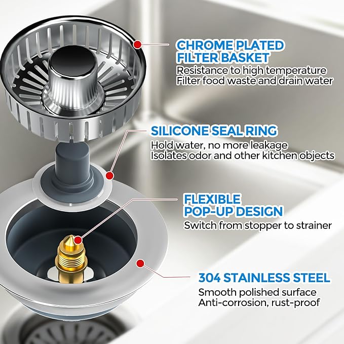 zaa Upgraded 3in1 Kitchen Sink Drain Strainer & Sink Stopper, 304 Stainless Steel Sink Drain Basket & Sink Protector for Kitchen with Anti-Clog Filter, Fit US Standard 3-1/2'' Sink Drain Hole, Gray