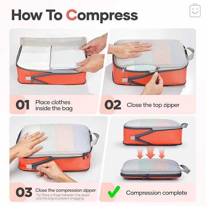 Veken 9/11 Set Compression Packing Cubes for Travel Essentials,Compressible Expandable Large Luggage Suitcase Organizer Bags for Clothing,Durable Space Saver Storage Bags with Toiletry Bags(Orange)