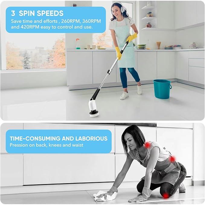Electric Spin Scrubber, Cordless Cleaning Brush Power Shower Scrubber Long Handle Extendable Handheld Electric Scrubber for Bathroom Floor Tub Tile with 8 Replaceable Brush Heads & Hook