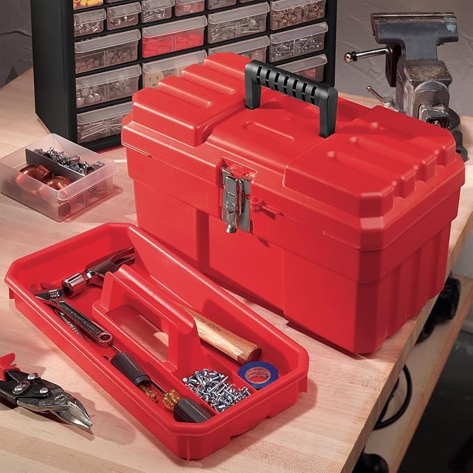 Akro-Mils 14-Inch Plastic Toolbox with Removable Tray, Steel Latch & Padlock Eye, Heavy Duty Tool Box for Tools, Crafts, First Aid & Hobby Supplies, 14" x 8" x 8", Made in USA, 6-Pack, Red (09514)
