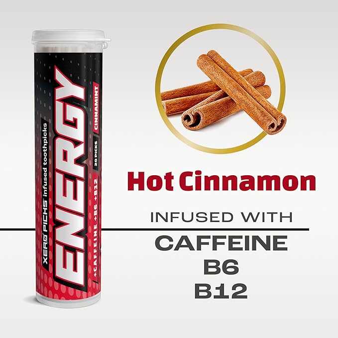 Xero Picks Energy Caffeine Flavored Toothpicks B12 for focus & B6, 60 Picks (Pack of 3) (Hot Cinnamon) Sugar-Free Alternative to Energy Mints & Gum - Kosher