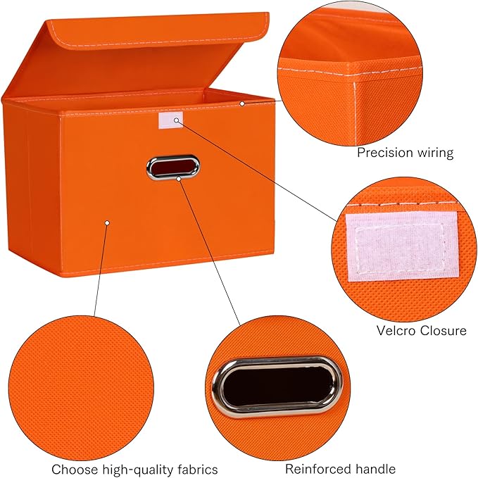 Linen Fabric Foldable Collapsible Storage Cube Bin Organizer Basket Fabric Storage Bins with Lid, Leather Handles, Removable Divider for Home, Closet, Orange