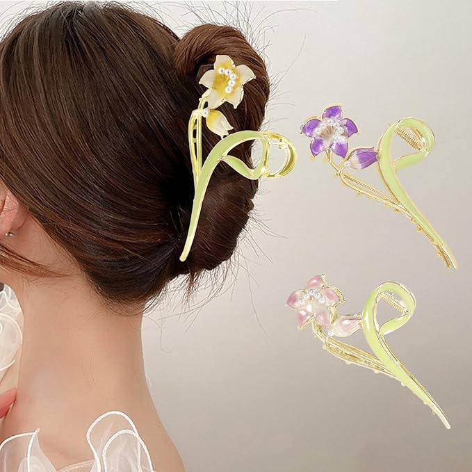 3-Piece Floral Metal Hair Clips, Lily Flower Hair Claw for Thin/Medium Thick Hair Claws, Elegant Barrettes Strong Hold Hair Clamps Non Slip Cute Hair Catch Clip Accessories (3-Color Lily)