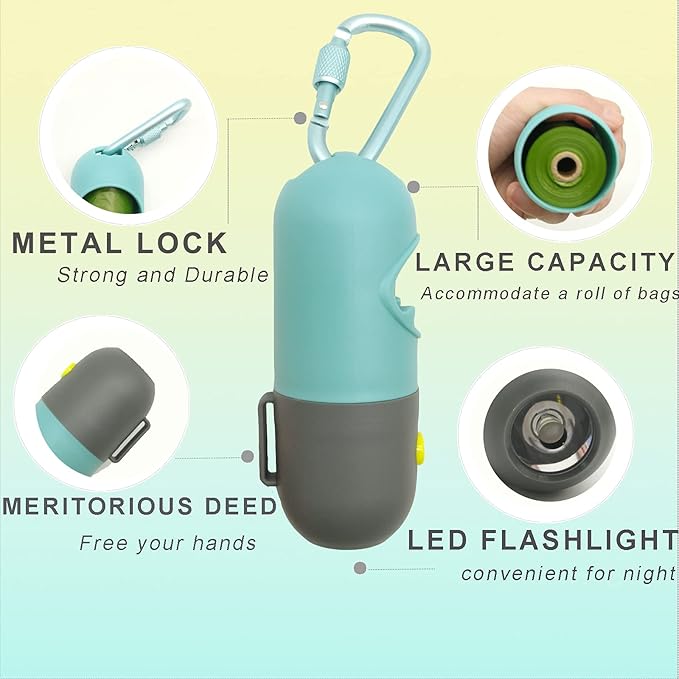 2 Pack Poop Bag Holder with Flashlight Waste Bag Dispenser for Leash with Clip and Battery Poop Bag Dispenser with Green Scented Poop Bags for Dog Walking(Blue,2 Dispenser 60 Bags)