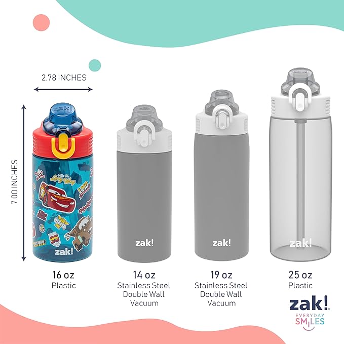 Zak Designs Disney Pixar Cars Sage Kids Water Bottle For School or Travel, 16oz Durable Plastic Water Bottle With Straw, Handle, and Leak-Proof, Pop-Up Spout Cover (Lightning McQueen & Mater)