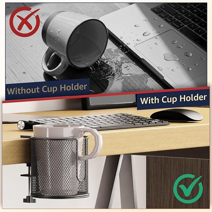 Large Desk Cup Holder, Fully Covered Anti-Spill Clip on Table Cup Holder, Office Gaming PC Desk Accessories, can Hold Universal Cup, Bottles, Mugs, Cans, Tumblers, 3.95" Inner Diameter(1 Pack Black)