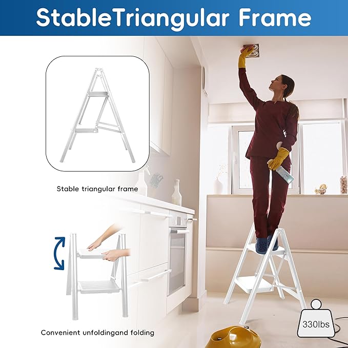 2 Step Ladder, Portable Folding Step Stool with Sturdy Carbon Steel Metal, 330LB Capacity, Non-Slip Wide Pedal, ladders for Home, Kitchen, Closet, Bookshelf, Adult (Milk White)