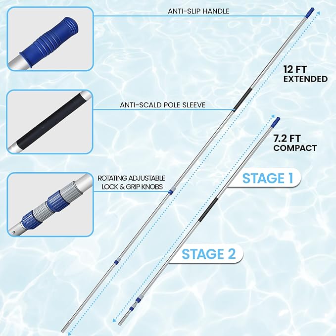 Poolvio 12FT Pool Pole, 2-Piece Telescopic Swimming Pool Cleaning Pole with Universal Threaded Tips, 2-in-1 Design for Skimmer Nets, Vacuum Heads, Brushes & Household Cleaning Tools