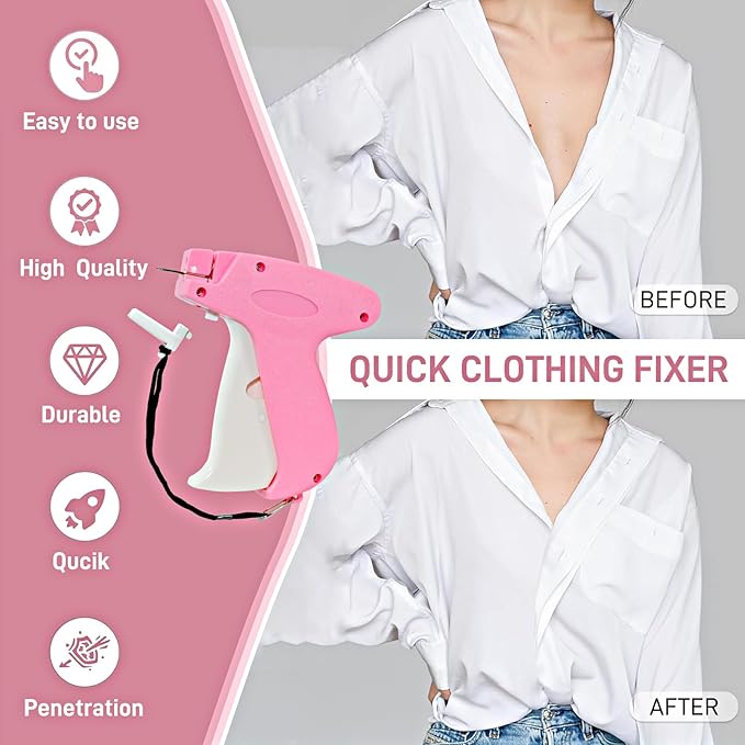 Stitch Gun for Clothes， Handheld Stitch Gun Quick Clothing Fixer，Sewing Kit Includes 1,000 Black Fasteners & 1,000 White Fasteners & 6 Needles (Pink-White)