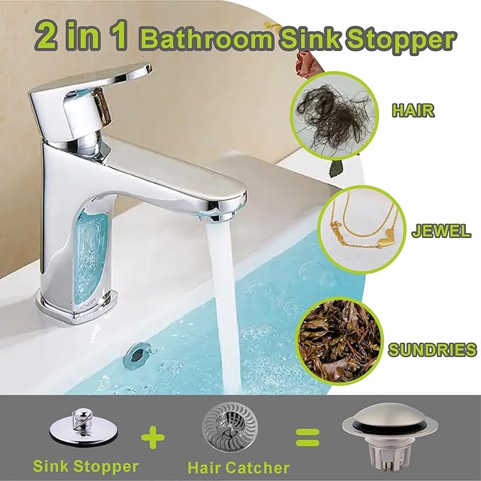 Bathroom Sink Drain Stopper,Pop Up Sink Stopper Universal 2-in-1 Design with Hair Catcher, Bathroom Sink Stopper and Anti-Clog Strainer for 1 1/8"-1 1/2" Drain Holes,Brushed Nickel,1 Pack