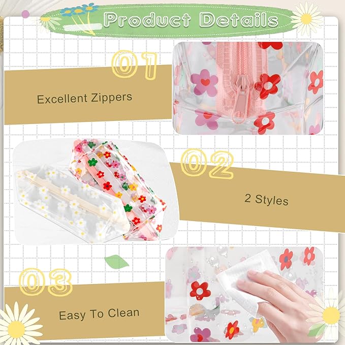 6 Pcs PVC Flower Toiletries Bags with Zipper Plastic Floral Cosmetic Organizer Empty Daisy Pattern Shower Bags Portable Zippered Makeup Pouches for Travel Beach Vacation Bathroom