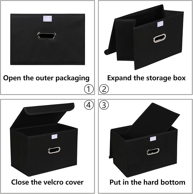 Fabric Foldable Collapsible Storage Cube Bin Organizer Basket with Lid, Handles, Removable Divider for Home, Closet (Black, 3Pcs)