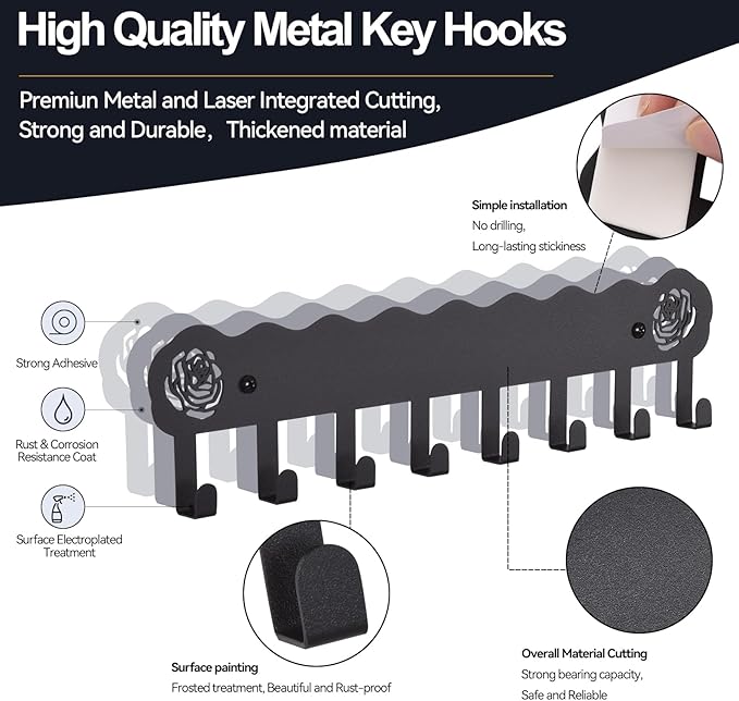 2-Pack Premium Iron Key Holder for Wall – Large Capacity & Multi-Functional, Dual Installation: Wall Mount & Adhesive, 8 Hooks Key Rack for Entryway, Kitchen, Bathroom, Office