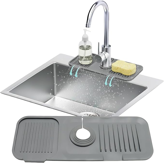 14.6” Silicone Faucet Mat For Kitchen Sink, Kitchen Sink Splash Guard Behind Faucet, Kitchen Faucet Mat For Kitchen Sink, Kitchen Sink Faucet Mat Splash Guard and Sink Water Splash Guard (Gray)