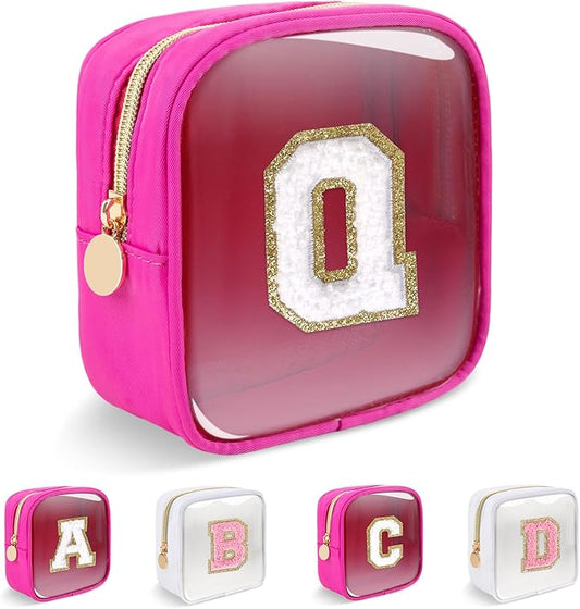 Personalized Initial Letter Clear Preppy Makeup Bag,Mini Nylon Chenille Letter Cosmetic Bag Cute Zipper Pouch Coin Purse for Teen Girls,Portable TSA Approved Travel Essentials Bag Gift for Women,Q