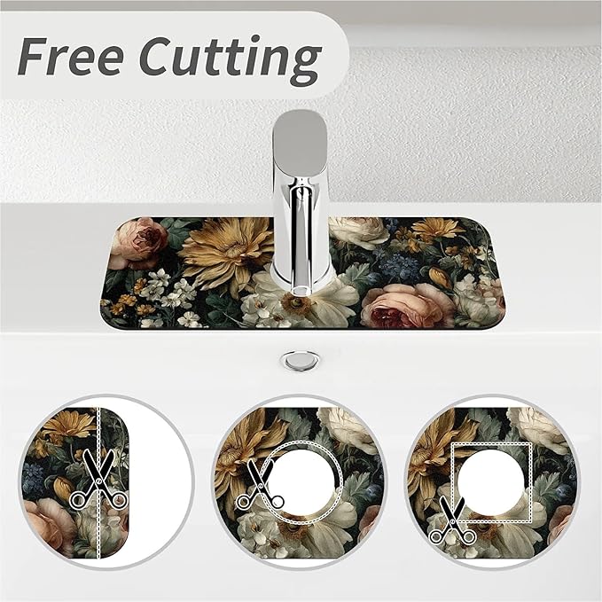 Kitchen Sink Splash Guard, Dark Floral Faucet Mat Sink Gadgets - Super Absorbent Fast Drying Mat Drip Catcher for Kitchen, Bathroom, Sink Mat, Dish Drying Mat, Bathroom (15" X 5.5")