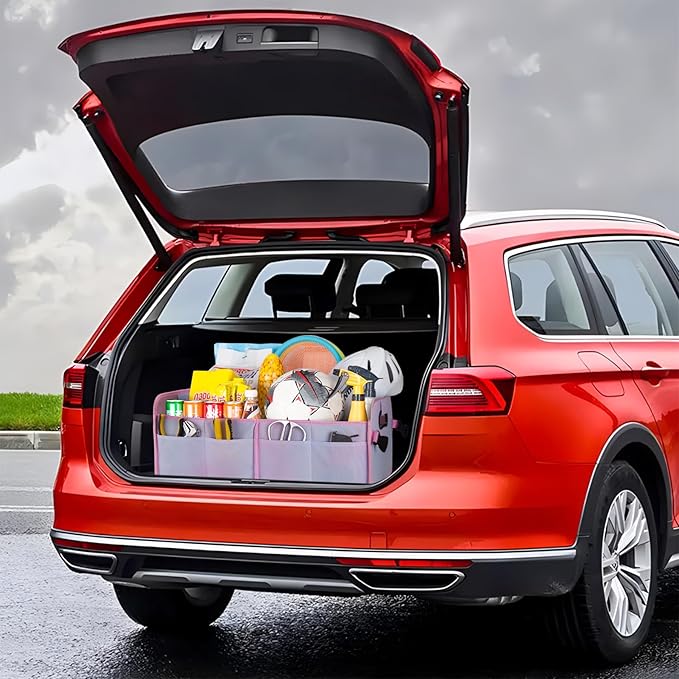 Trunk Organizer For Suv&Sedan,Car Organizers & Storage, Waterproof Collapsible & Adjustable Straps,70L Sturdy Car Organization for Car Accessories,Tools,Sundries,2-3Compartment(Colorful Pink)