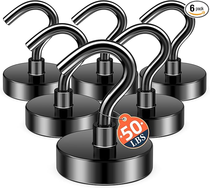 FINDMAG Black Magnetic Hooks, 50lbs Strong Magnetic Hooks for Hanging, Neodymium Rare Earth Heavy Duty Magnets with Hooks, N52 Magnet Hooks for 2026 Cruise Cabin Ship Essentials, Travel, 6 Pack