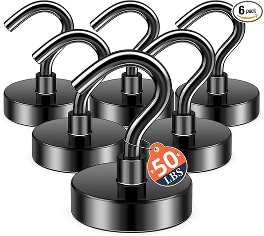 FINDMAG Black Magnetic Hooks, 50lbs Strong Magnetic Hooks for Hanging, Neodymium Rare Earth Heavy Duty Magnets with Hooks, N52 Magnet Hooks for 2026 Cruise Cabin Ship Essentials, Travel, 6 Pack