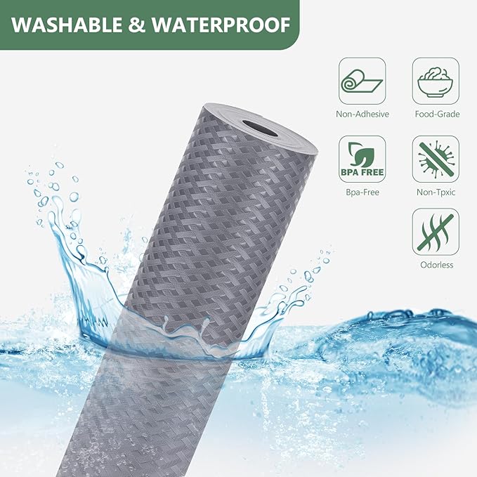 Shelf Liners, Non-Adhesive Drawer Liner, Waterproof & Oil-Proof Kitchen Cabinet Cupboard Liner Plastic EVA Material BPA Free Fridge Liner Mats Paper Protector for Shelves (Grey/12in x 120in)