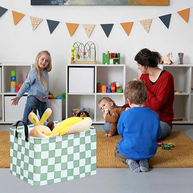 Sage Checkered Storage Basket Baby Toys Organizer Bins Decorative Gifts Bakset Waterproof Nursery Hamper Women Storage Cube Kids Laundry Basket for Home/Dorm/Kitchen/Pet/Office/Closet/Shelf/