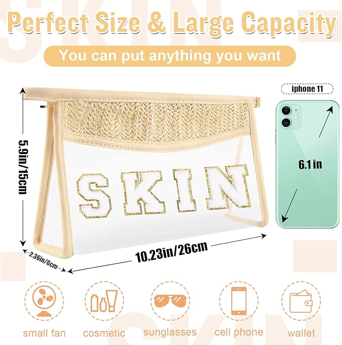 Clear Makeup Letter Patch Makeup Bag SKIN Pouch, Boho Clear Toiletry Bags Travel Small Cute Stadium Chenille Letter Cosmetic Zipper Pouch Purse, Women Transparent Waterproof Makeup Organizer Bag (SKIN)