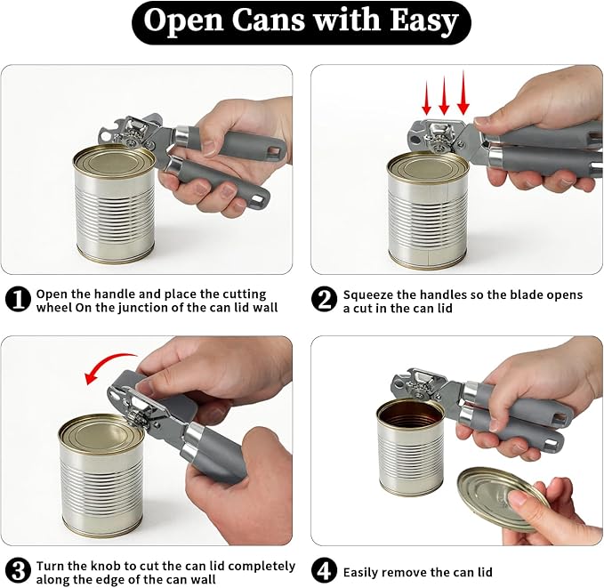 Can Opener Manual, Hand Heavy Duty Stainless Steel Bottle Opener Comfortable Handle, Sharp Blade Smooth Edge, Multifunctional Kitchen Tool, Gray