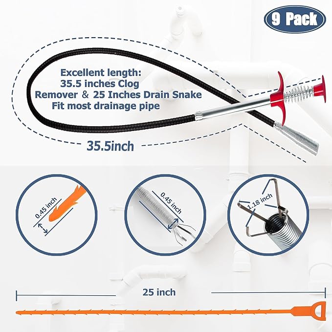 9-Piece Drain Clog Remover Kit - 35.5" Metal Clog Remover, 6x25" Drain Snake Hair Removal Tools, 2x18" Flexible Cleaning Brushes for Bathroom, Kitchen Sink, Shower, Toilet & Tub Drain Cleaning