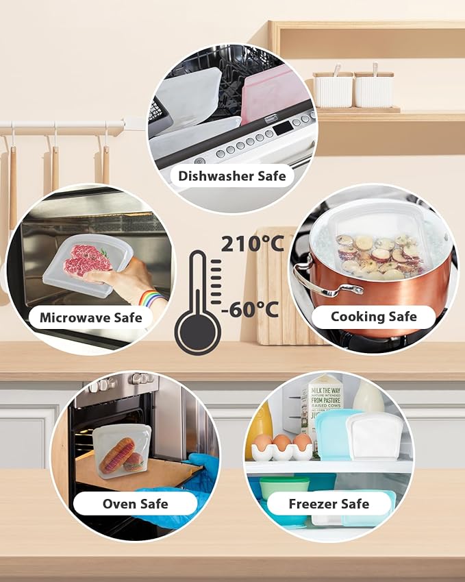 Reusable Silicone Storage Bags, 4Pack Snack Sandwich Sandwich Bags, Endurables Seal-Top Silicone Bags for Food Storage, Freezer, Microwave, Oven, Dishwasher Safe (Clear & Rose Quartz)