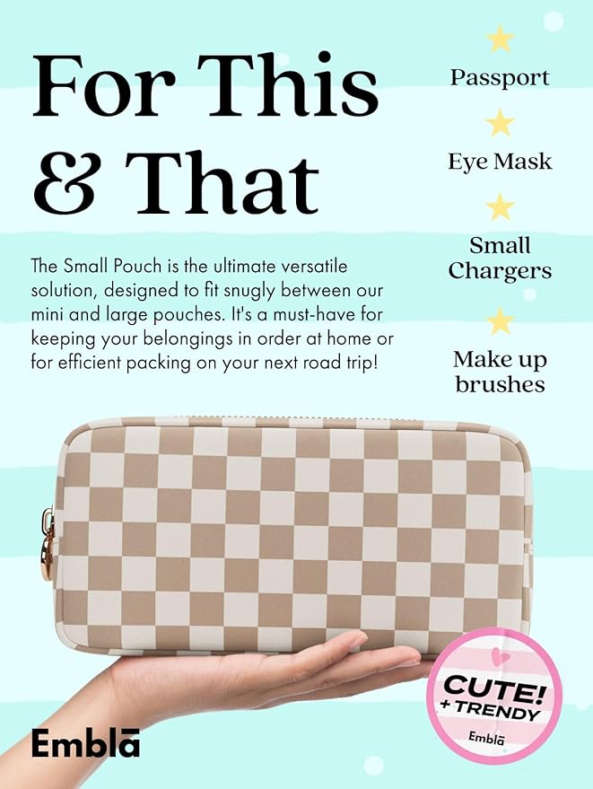 Embla Makeup Bag Travel Cosmetics Pouch and Toiletry Bag, Nylon Zipper Pouch Purse, Cute Make Up Organizer Storage Tote for Women Girls, Travel Skincare Case, Small Makeup Case, Sand Checkered