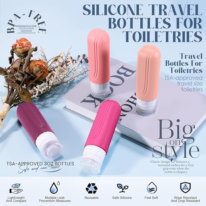 Travel Bottles for Toiletries, 3oz TSA Approved Travel Size Toiletries, Silicone Leak-Proof Refillable Containers, Squeezable Liquid Essentials Bottles W/Clear Bag (RED)
