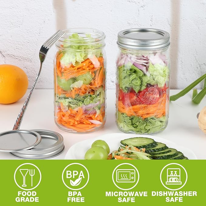 Wide Mouth Mason Jars 32 oz, 6 Pack Quart Canning Jars with Airtight Lids and Bands, Clear Glass Mason Jars for Canning, Pickling, Preserving, Meal Prep