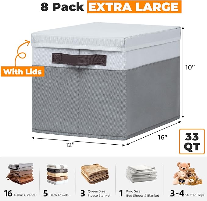 Extra Large Storage Baskets with Lids 8 Pack, 33 QT Blanket Basket for Organizing/ Stackable Decorative Closet Organizers and Storage Box for Clothes Towels/ Toy Organizer Bins with Handles/ 16x12