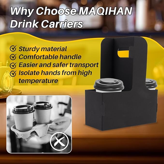 MAQIHAN 2 Cup Drink Carrier with Handle - 12Pcs Disposable Paper Coffee Cup Holder, Portable Drink Caddy Cup Carriers, Sturdy Cup Carrier for Drink Delivery Accessories for Hot/Cold Drinks (Black