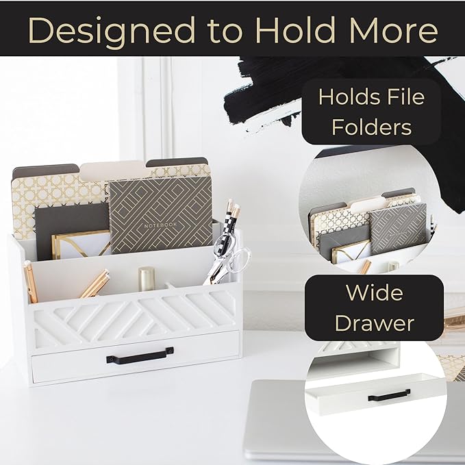 BLU MONACO | Wooden Mail Organizer with Drawer | Mail Organizer Countertop with 6 Compartments | Bill Holder for Desk | White Desktop Mail Sorter
