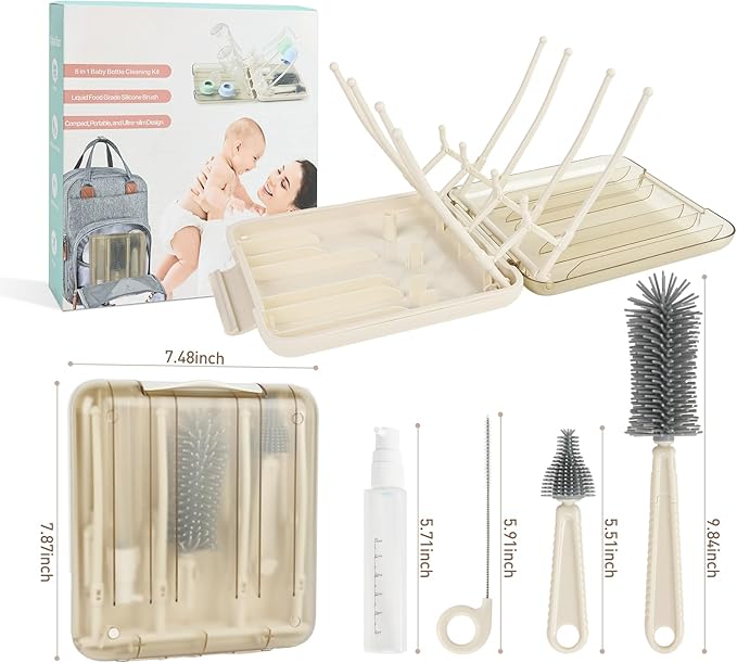 Baby Bottle Brush Set, 6-in-1 Travel Bottle Cleaning Kit with Silicone Bottle Brush, Nipple & Straw Brush, Soap Dispenser, Drying Rack, Storage Box – Compact Travel Baby Essential for Home & On-The-Go