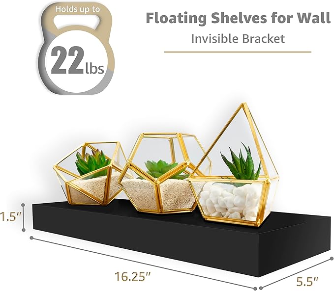 Sorbus Floating Shelves for Wall, 16" Black Bathroom Shelves Mounted for Kitchen, Bedroom, Living Room, Storage, Over Toilet, Hanging Book Shelf Home Decor (4 Pack)
