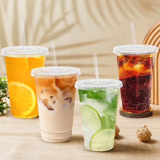 Lamosi 100 Pack 16 OZ Clear Plastic Cups with Lids and Straws, Disposable Iced Coffee Cups with Lids for To-Go Cold Drinks, Smoothies and Slushie