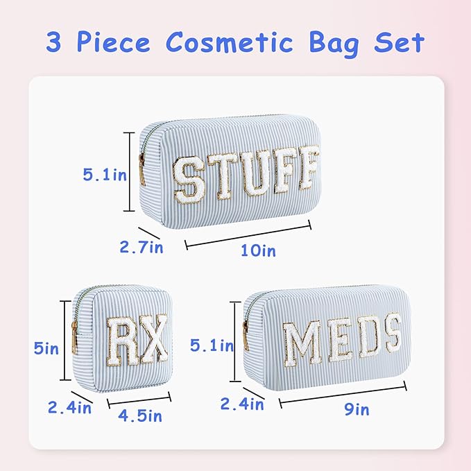uekeboag Seersucker Chenille Letter Stuff Meds RX Makeup Bag, Travel Washable Purse Organizer with Zipper, Lightweight Toiletry Cute Personalized Preppy Cosmetic Bag For Women and Girls(3pcs Blue)
