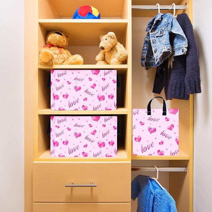 Rec Heart Print Box Hamper Storage Basket Collapsible Organizer Bin Gift Shelf Baskets for Home and Kitchen Storage