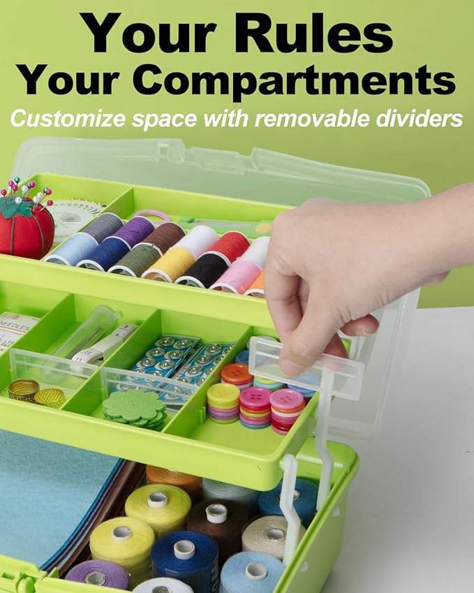 12in 3-Layer Plastic Craft Organizers and Storage, Portable Folding Tackle Box with Handle & Adjustable Dividers, Multipurpose Case for Sewing, Art Supplies, Medicine, Tools (Green)