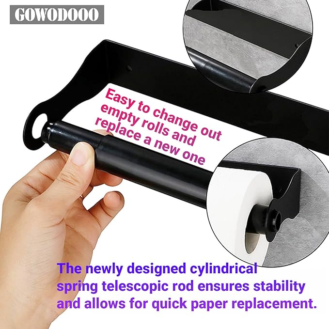 Wooden Under Cabinet Paper Towel Holder,Stainless Steel Under Counter Paper Towel Holder Wall Mount,Self Adhesive Kitchen Roll Rack for Kitchen Bathroom Garage RVs(Black)
